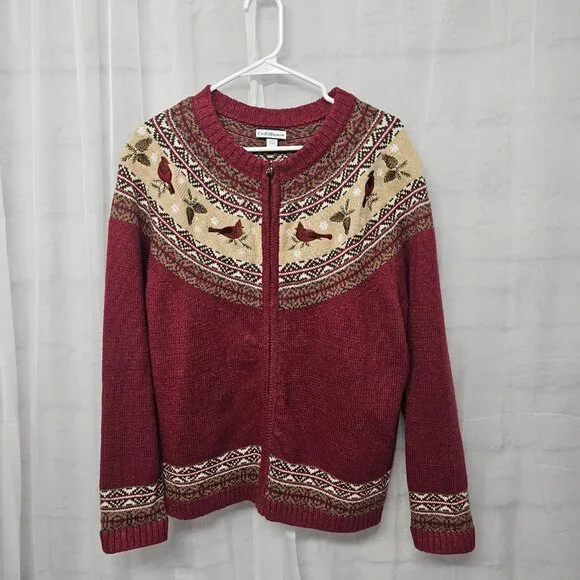 Croft & Barrow Red Cardinal Fair Isle Cardigan Zip Preppy Collegiate XL - Picture 10 of 13